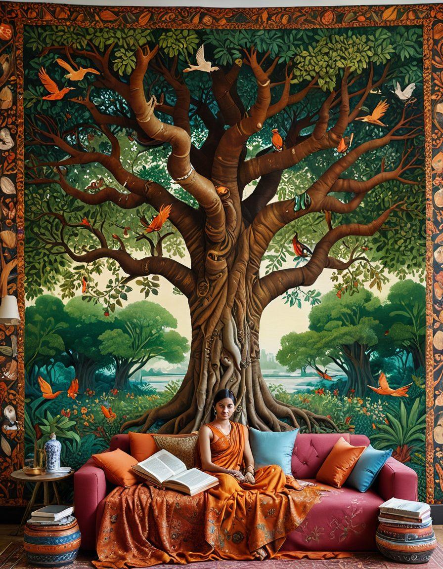 A vibrant tapestry showcasing a blend of traditional Indian folk motifs and modern narrative elements, with characters like mythical creatures and contemporary figures interwoven through colorful threads. Incorporate elements such as a storyteller seated under a banyan tree, surrounded by enchanted stories depicted as floating books and images. Use warm colors to evoke a sense of depth and cultural richness. super-realistic. vibrant colors. intricate details.