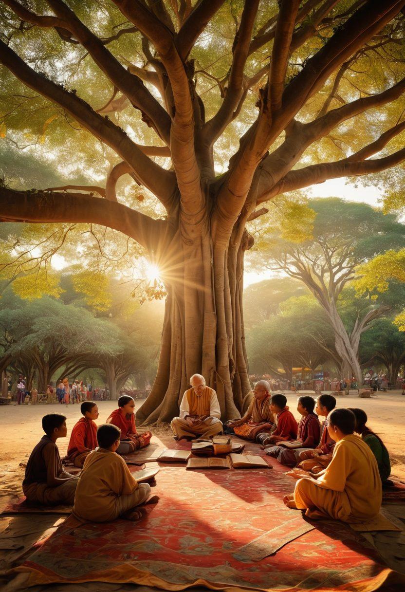 An enchanting scene where an elderly storyteller shares tales under a sprawling banyan tree, surrounded by vibrantly dressed children with wide eyes, traditional artifacts scattered around. Soft golden light filters through the leaves, highlighting the fusion of ancient books and modern storytelling devices like tablets. The atmosphere should be rich in colors symbolizing tradition and innovation. vibrant colors. super-realistic.