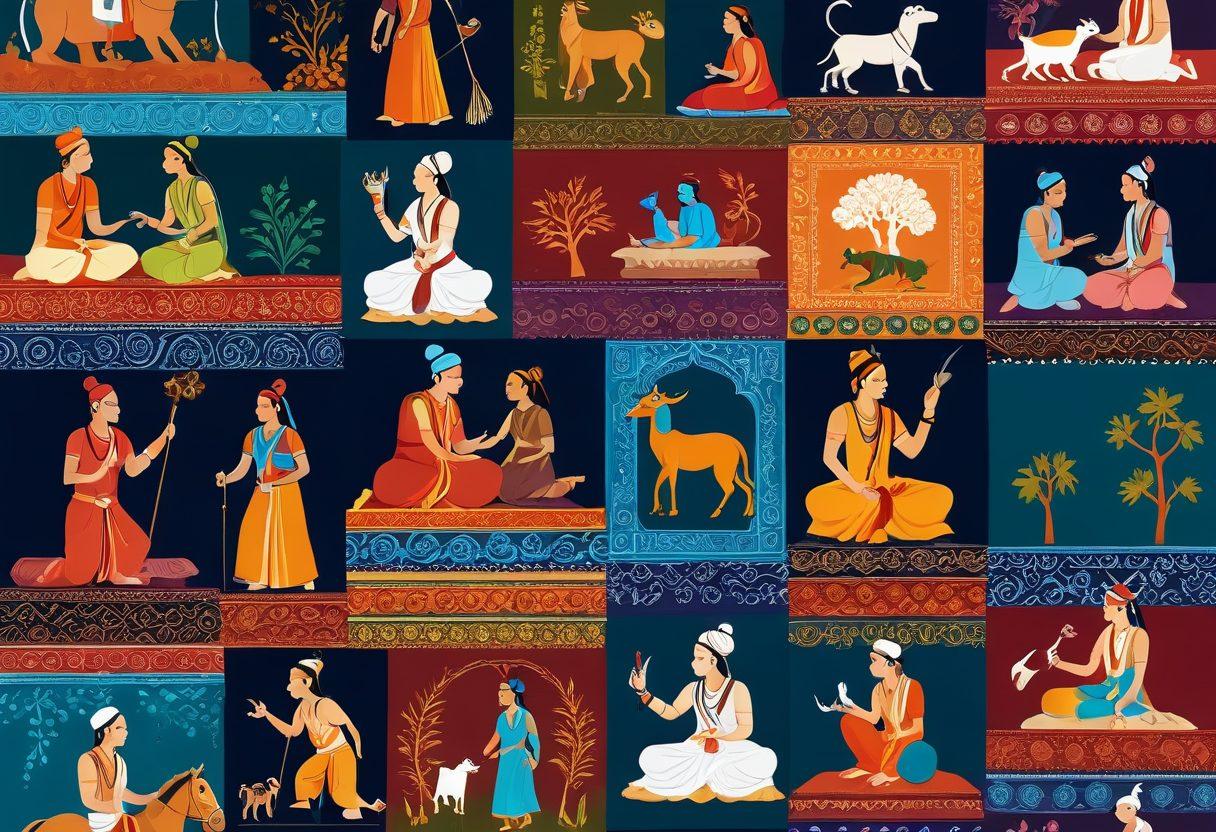 A vibrant collage showcasing the evolution of Indian storytelling, featuring a traditional storyteller with a spinning yarn, flanked by ancient mythical scenes on one side and modern digital storytelling elements on the other. Include motifs from classic Indian epics, vibrant colors, and dynamic characters merging into contemporary media symbols like smartphones and books. super-realistic. vibrant colors. 3D.